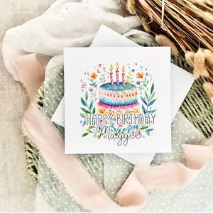 Cartão de aniversário para ela | Bolo floral personalizado, cartão feminino fofo, presente para ela, desejos de aniversário para amiga, cartão para aniversário | Impressão nº 2
