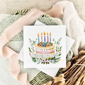 Cartão de aniversário para ela | Bolo floral personalizado, cartão feminino fofo, presente para ela, desejos de aniversário para amiga, cartão para aniversário | Impressão nº 3