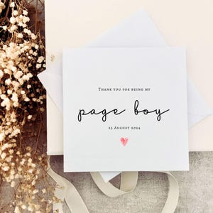 ページボーイのサンキューグリーティングカード | パーソナライズされた結婚式の記念品、結婚式の朝のメッセージ、ブライダルパーティーのカード、彼への記念品ギフト