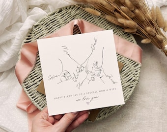 Birthday Card for Wife/Girlfriend/Partner - Personalised Family Hand Print Keepsake for Mother of Children