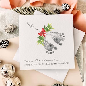 Biglietto di auguri di Natale con impronta di vischio e nome per la mamma / Biglietto di auguri personalizzato per la mamma, regalo per la tata dal bambino, primo ricordo di Natale per la mamma