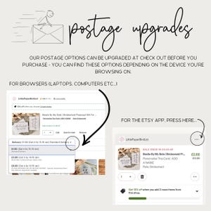 May include: Image showing Etsy shop details about postage upgrades. Text includes "postage upgrades" and instructions for browsers and the Etsy app. Screenshots illustrate delivery options and how to upgrade.