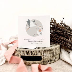 carte personnalisée nouveau-né | Joli imprimé cigogne pour bébé, cadeaux pour les nouveaux parents, carte cadeau pour nouveau-né, félicitations pour bébé fille, bébé garçon