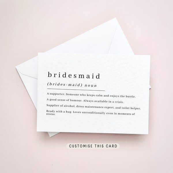 Bridesmaid Definition Print | Will you be my Bridesmaid Proposal Postcard, Thank you Bridal Party Gift, Personalised letterbox keepsake