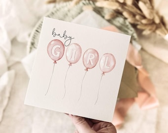 New Baby Girl Greeting Card - Newborn Keepsake with Personalised Options - Baby Shower Pink Balloons