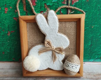 Rustic farmhouse Easter decor: primitive Easter country wall ornament, Easter tiered tray decor, framed bunny decoration, unique Easter gift