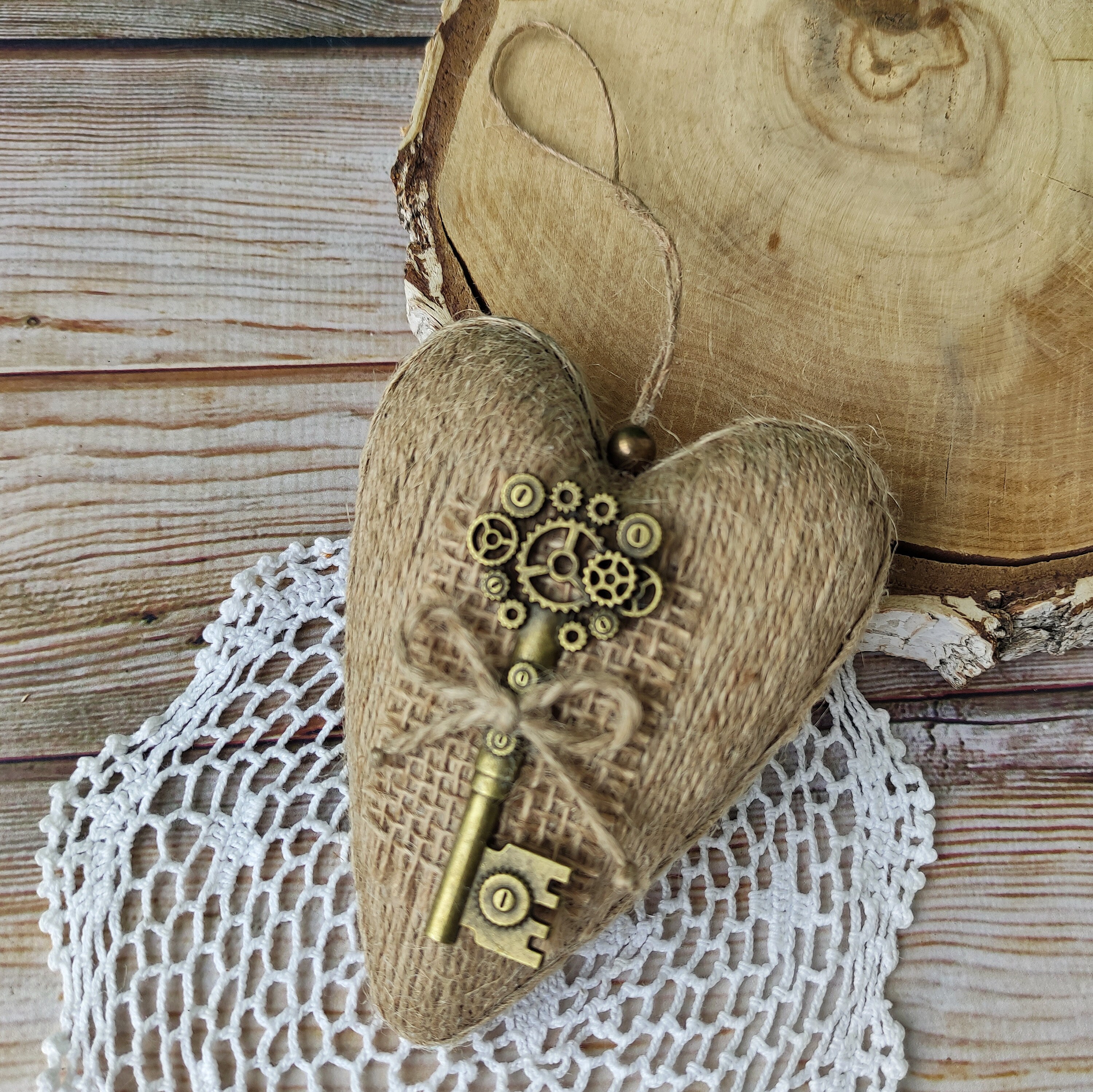 Hanging Heart Ornament Rustic Burlap Hanging Heart Primitive Farmhouse ...