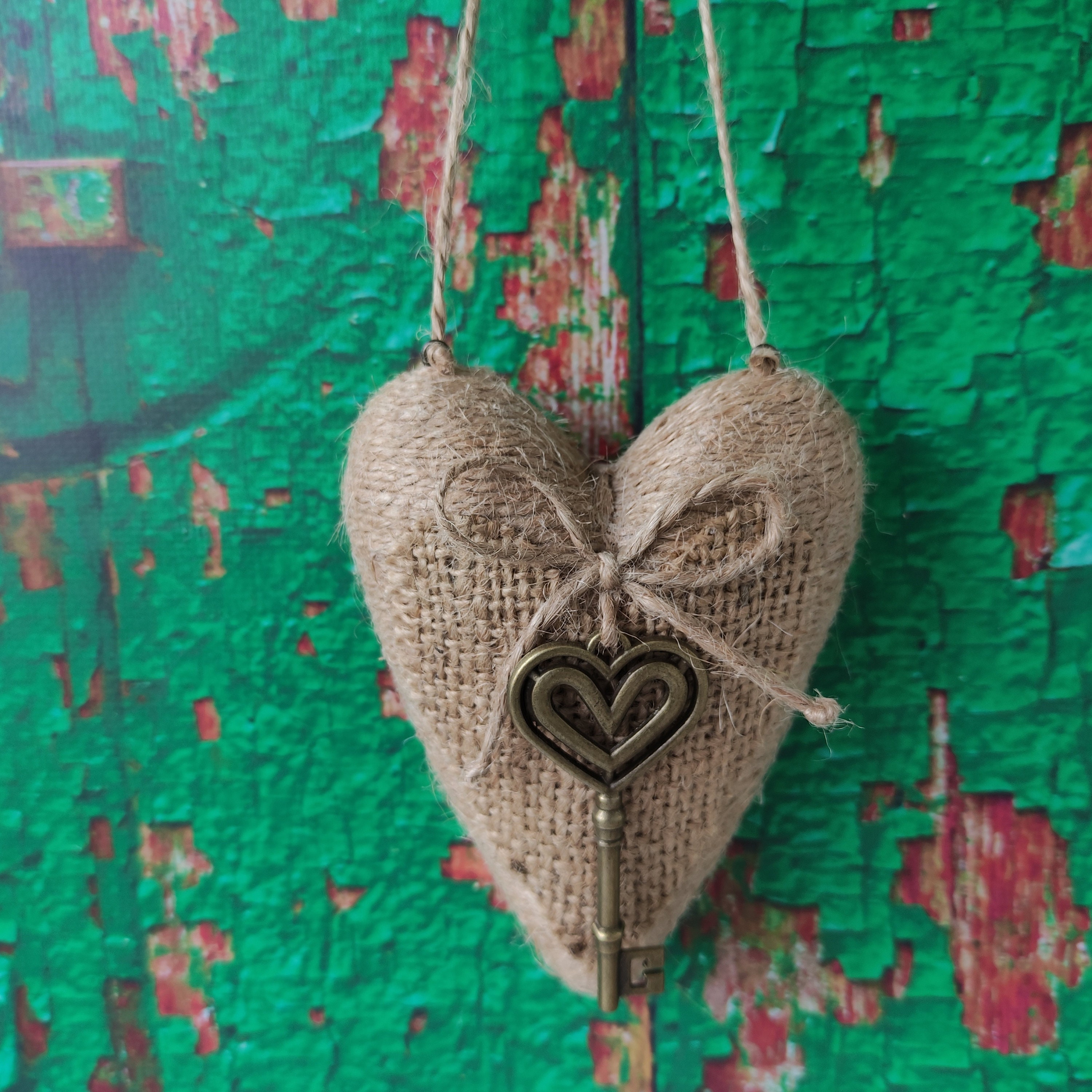 Rustic Hanging Heart Ornament With Key, Farmhouse Home Hanging Decor ...
