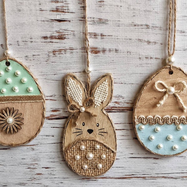 Rustic Easter ornaments, set of 3, rustic Easter decor, farmhouse easter decor, burlap wooden Easter ornaments, Easter eggs, Easter bunny