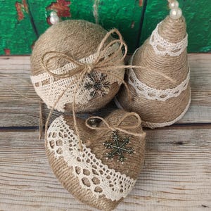 Hanging Christmas tree ornament set of 3 rustic Christmas decorations farmhouse Christmas tree decor handmade eco-friendly gift for her
