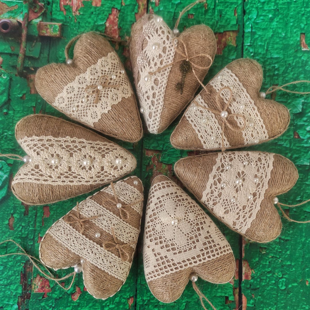 Set of 7 Rustic Hanging Heart Ornaments Farmhouse Home Decor Primitive ...