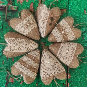 set of 7 rustic  hanging heart ornaments farmhouse home decor primitive valentine day ornaments  valentine&#39;s day gift jute wrapped hearts