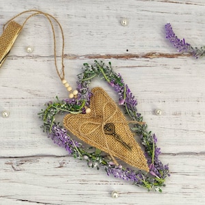 Rustic hanging heart lavender heart ornament farmhouse wall decor valentine&#39;s Day gift burlap heart, hanging heart with key door knob hanger