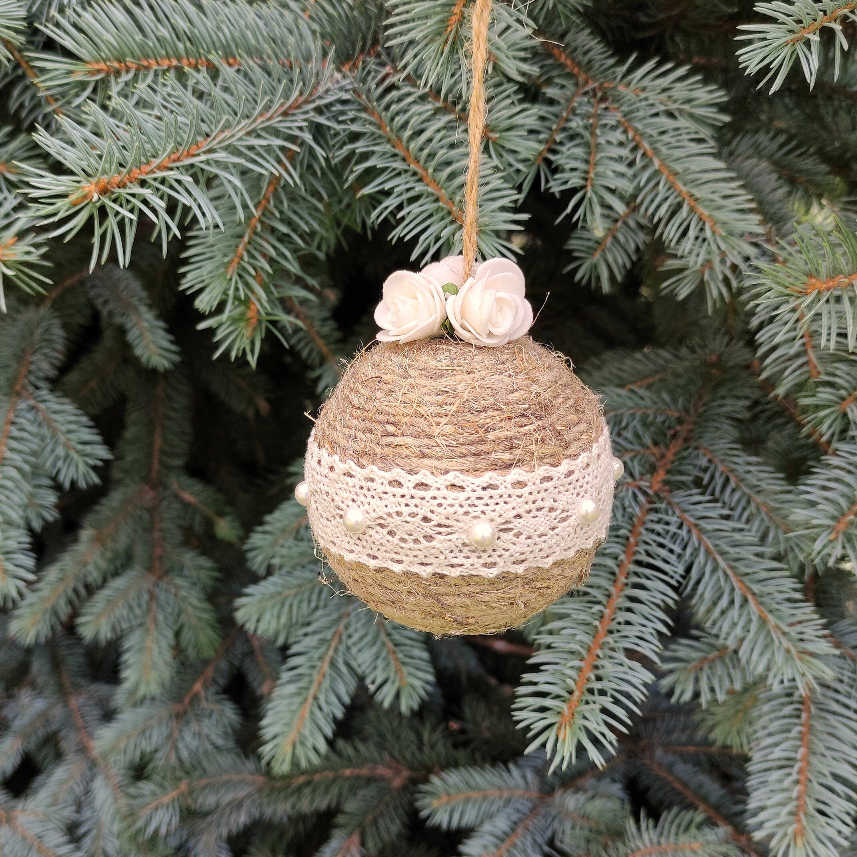 Handmade Christmas Ball Ornament – Light Pink Cotton Twine, Ribbon