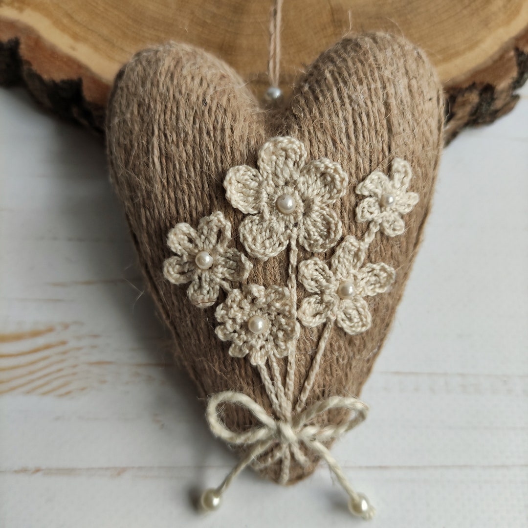 Hanging Jute Heart Ornament Rustic Wall Decor Primitive Heart Ornament ...