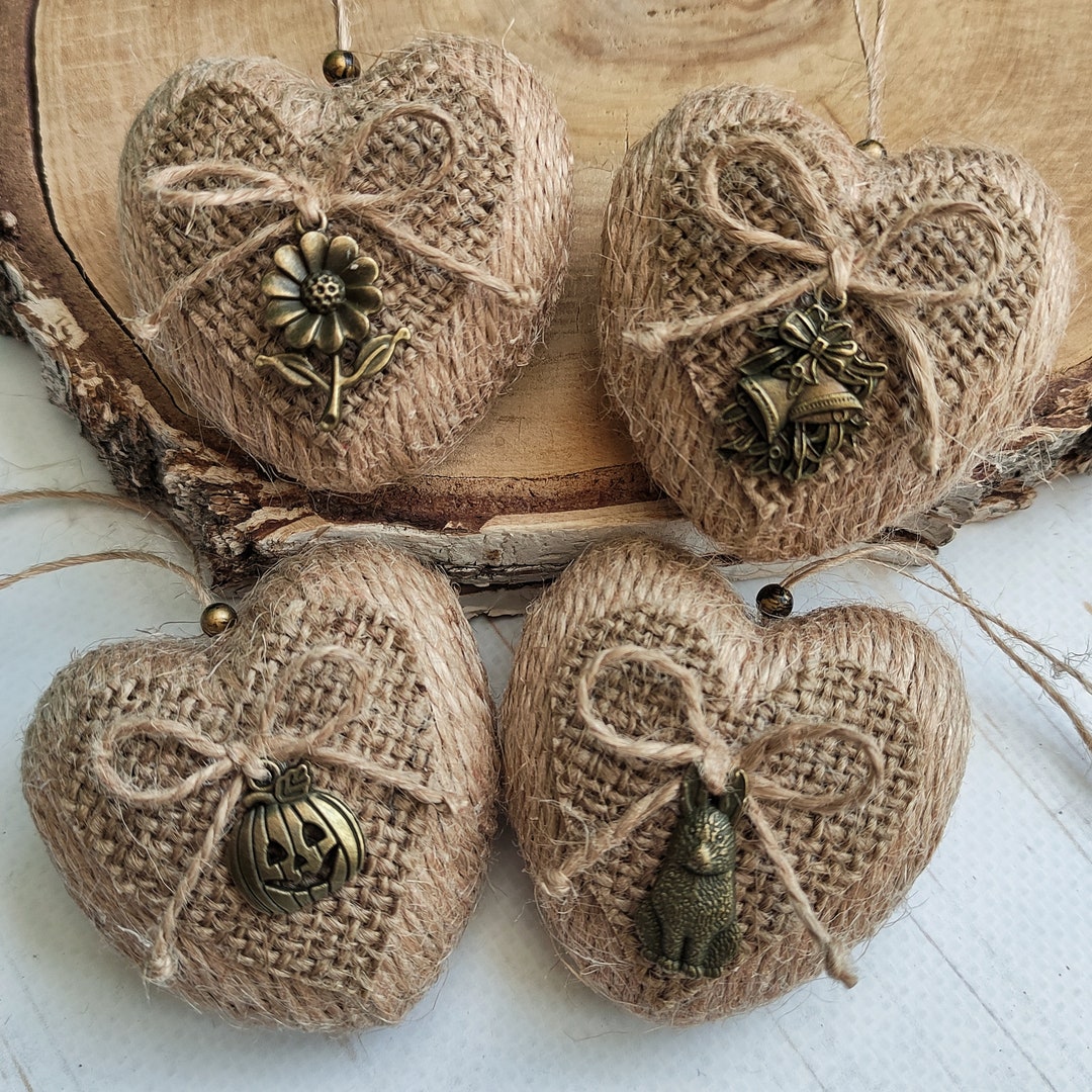 Set of 4 Jute Wrapped Hearts Rustic Hanging Heart Ornament Farmhouse ...