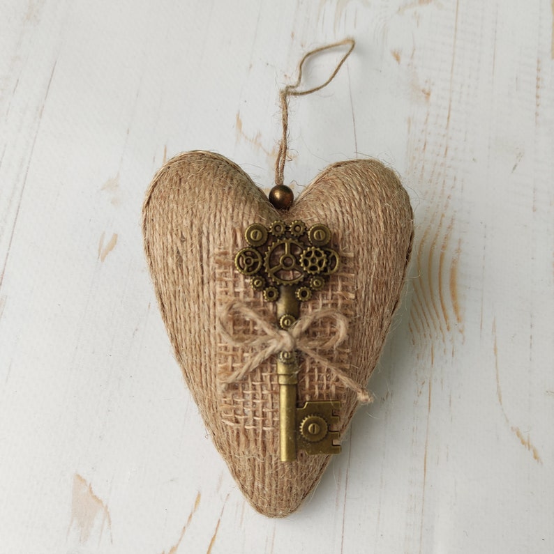 Hanging Heart Ornament Rustic Burlap Hanging Heart Primitive Farmhouse ...
