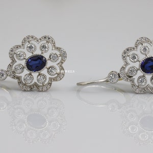 Floral Art Deco Diamond Earrings, Halo Earrings, Milgrain Earrings, Lever Back Earrings 14K Gold Over, Round & Oval Blue Sapphire Earrings