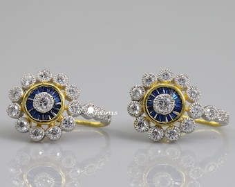 Round Cut Diamond Vintage Earring, Art Deco Style Syn Blue Sapphire & Halo Lever Back Earring, 14K Gold Over Art Deco Earring