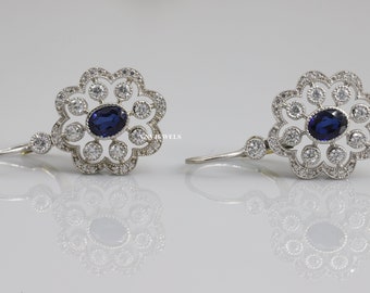Floral Art Deco Diamond Earrings, Halo Earrings, Milgrain Earrings, Lever Back Earrings 14K Gold Over, Round & Oval Blue Sapphire Earrings