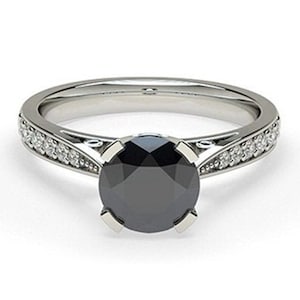Black Diamond Engagement Ring, 2.00 CT Round Black Diamond Solitaire Engagement Ring, Solitaire With Accent Diamond Ring, Solid Gold Ring