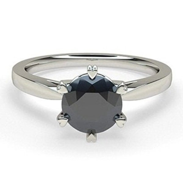 Black Diamond Engagement Ring, Black Diamond Ring, 2.00 Carat Round Black Diamond Solitaire Engagement Ring, Solid 10K/14K/18K Gold Ring