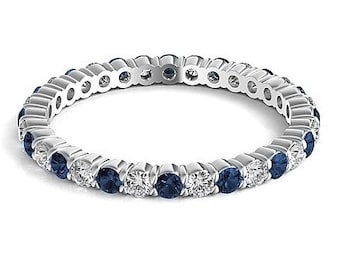 Blue Sapphire & Round Cut White Diamond Simulant Eternity Ring, Stackable Ring, Full Eternity Ring, Wedding Band, Anniversary Ring For Her