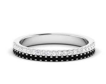 Half Eternity Black Diamond Wedding Band, Stackable Wedding Band, Round Cut Black & White Diamond Wedding Band, 14K Solid White Gold Ring