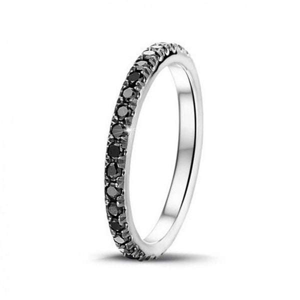 Black Diamond Half Eternity Ring, Moissanite Pave Set Diamond Eternity Engagement Ring, Stacking Rings, Solid 10K White Gold Rings For Women