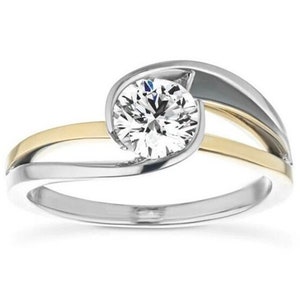 Two Tone Swirl Ring, Bezel Set Moissanite Ring, 1.5 Ct Round Cut Diamond Half Bezel Set Engagement Ring, 925 Sterling Silver Two Tone Ring