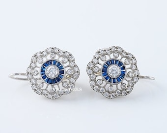 Vintage Art Deco Earrings, Floral Halo Earrings, Lever Back Earrings, Blue Sapphire Earrings, Antique Earrings, 14K Gold over Earrings