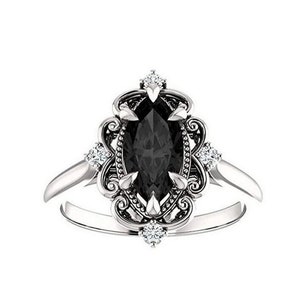 Vintage Style Milgrain Ring, Marquise Cut Black Diamond Engagement Ring, Cluster Ring, Solid 10K White Gold Ring, Anniversary Gift Ring