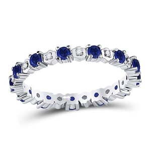 Blue Sapphire & Round Cut White Diamond Eternity Ring, Stackable Ring, Full Eternity Ring, Wedding Band, Anniversary Ring For Her, 14K Gold