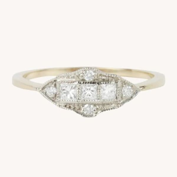 Three Stone Art Deco Style Ring, Vintage Ring, Minimalist Ring, Bezel Set Milgrain Ring, Princess & Round Cut Moissanite Engagement Ring