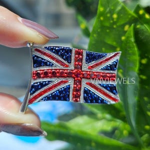 Red Ruby & Blue Sapphire Diamond Brooch, UK Flag Brooch, Patriotic Flag Diamond Brooch, Men's And Women's 925 Silver Union Jack Flag Brooch