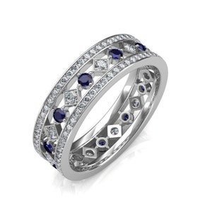 Full Eternity Band, Blue Sapphire & Round Diamond Eternity Band, Vintage Band, Bezel Set Band, Sapphire Band, Anniversary Gift Gold Band