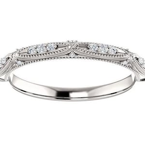 Vintage Art Deco Band, Milgrain Wedding Band, Round Moissanite Band, Antique Matching Band, Moissanite Engagement Band, 10K White Gold Band