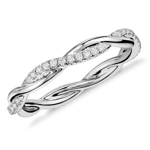 Twisted Wedding Band, Women Moissanite Wedding Ring, White Gold Infinity Stacking Eternity Dainty Ring, Delicate Ring, Unique Promise Gift