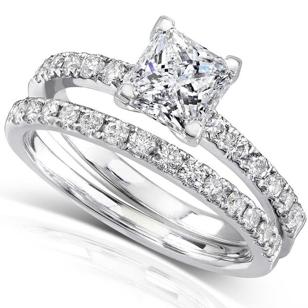 1.5 Ct Princess Moissanite Diamond Engagement Ring Set, Half Eternity Matching Band Ring, Wedding Bridal Ring Set, 10K White Gold Ring Set