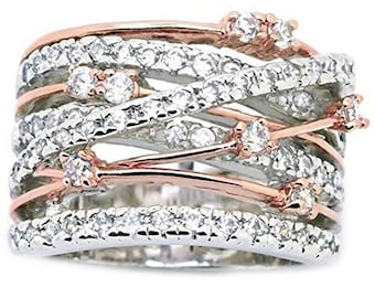 Two Tone Intertwined Crossover Statement Ring, X Criss Cross Ring, Multi Layer Wide Diamond Band Round Moissanite Engagement Ring 925 Silver