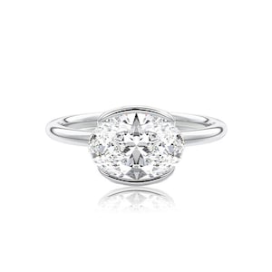 Oval Cut East To West Ring, Solitaire Moissanite Engagement Ring, Half Bezel Ring, Oval Moissanite Ring, Solitaire East To West Ring, Gold