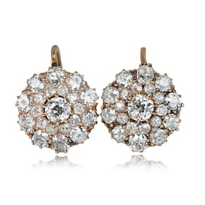 Vintage Antique Art Deco Earrings, Floral Round Cut Diamond Earrings, Edwardian Cluster Earring, Double Halo 14K Gold Over