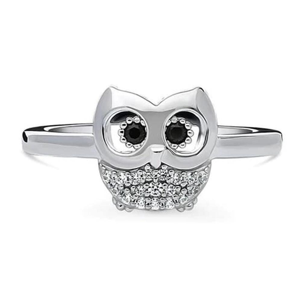 OWL Ring, Black & White Round Moissanite Diamond Ring, Mini Owl Bird Inspired Ring, Delicate Rin