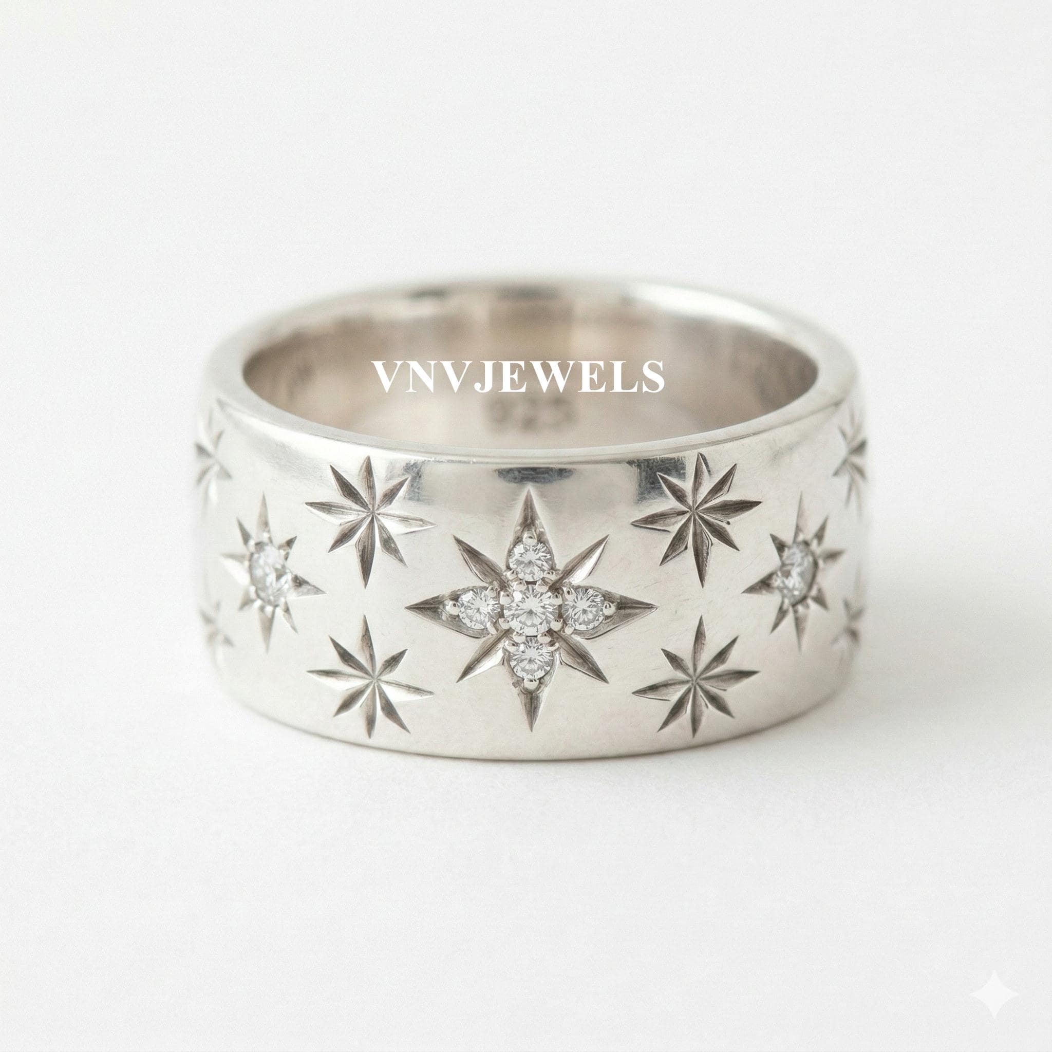 Starburst Moissanite Diamond Ring, Cigar Star Setting Celestial Ring, Wide Ring, Round Diamond Celestial Engagement Band, 925 Silver Ring