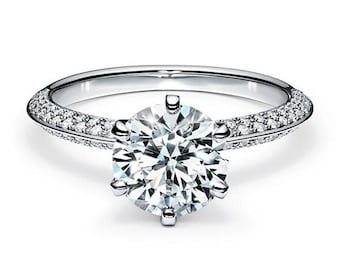 Knife Edge Ring, Solitaire With Accent Ring, 2Ct Round Cut Moissanite Engagement Ring, 10K White Gold Knife Edge Ring, Anniversary Gift Ring