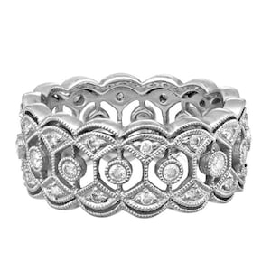 Vintage Art Deco Band, Filigree Wedding Band, Round Cut Moissanite Eternity Band, Art Deco Stacking Wedding Ring, Milgrain Eternity Band