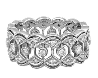 Vintage Art Deco Band, Filigree Wedding Band, Round Cut Moissanite Eternity Band, Art Deco Stacking Wedding Ring, Milgrain Eternity Band