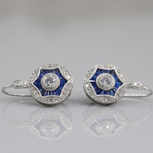 Vintage Antique Art Deco Earrings, Milgrain Earrings, Round & Blue Sapphire Lever Back 1920&#39;s Earrings, 925 Sterling Silver Earrings