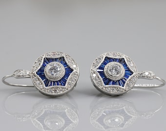 Vintage Antique Art Deco Earrings, Milgrain Earrings, Round & Blue Sapphire Lever Back 1920's Earrings, 925 Sterling Silver Earrings