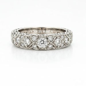 Vintage Art Deco Band, Milgrain Filigree Band, Art Deco Stacking Wedding Ring, Half Eternity Band, 925 Silver Round Moissanite Diamond Band